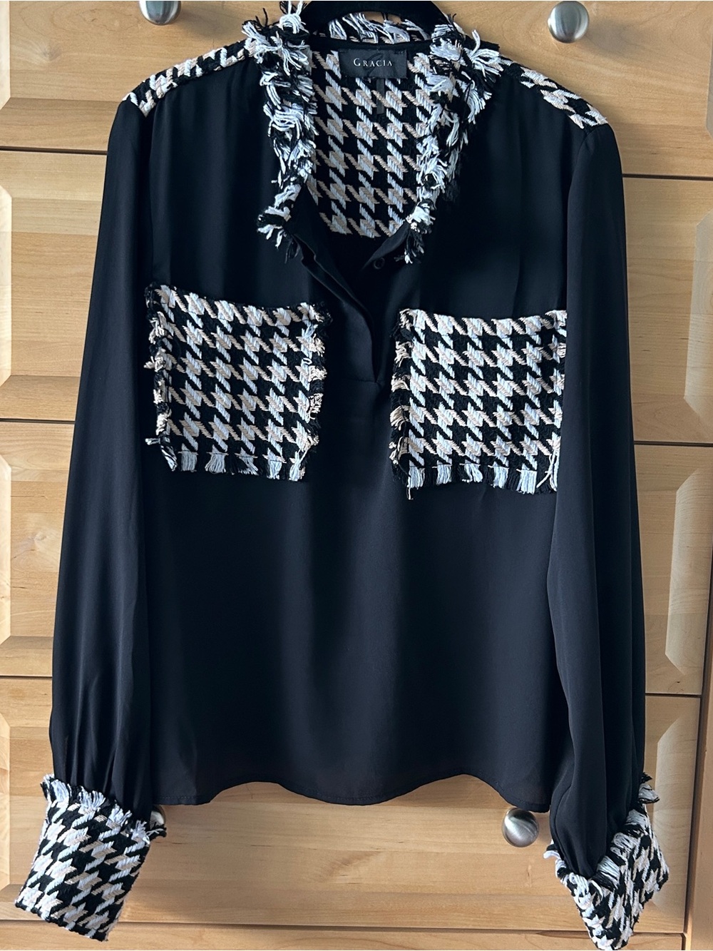 Gracia Blouse with Houndstooth Knit Trim
